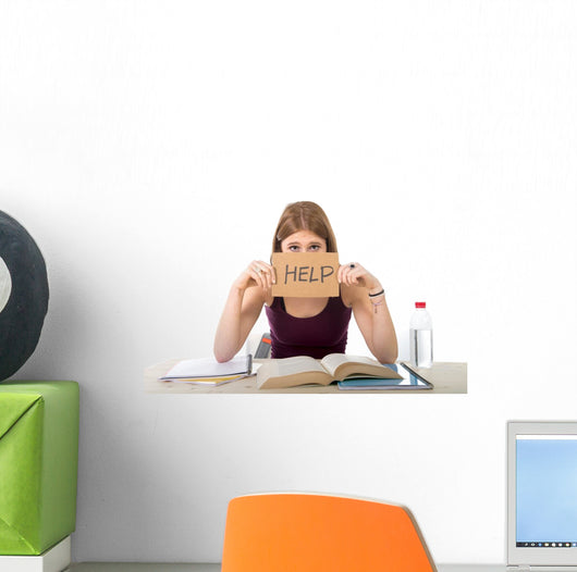 student girl studying for university exam asking for help Wall Decal