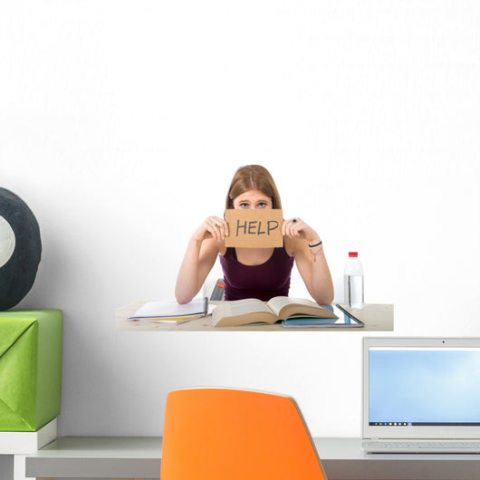 student girl studying for university exam asking for help Wall Decal