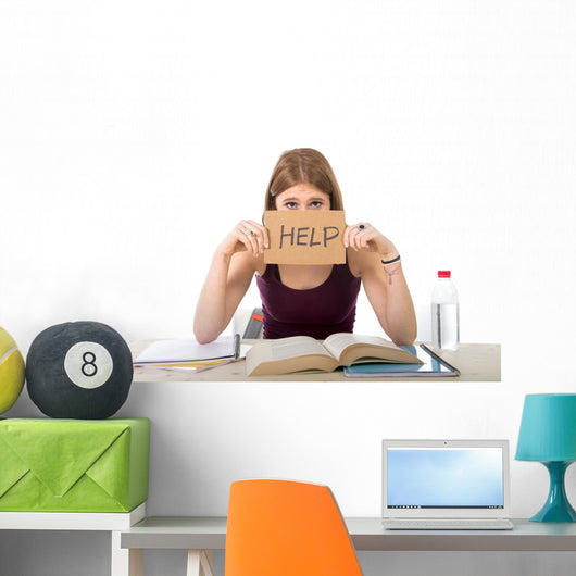 student girl studying for university exam asking for help Wall Decal