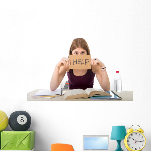 student girl studying for university exam asking for help Wall Decal
