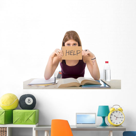 student girl studying for university exam asking for help Wall Decal
