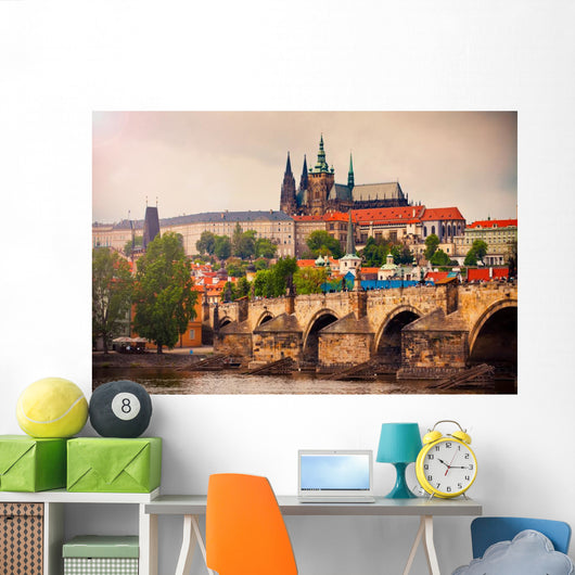 Saint Vitus cathedral and Charles bridge in Prague Wall Mural