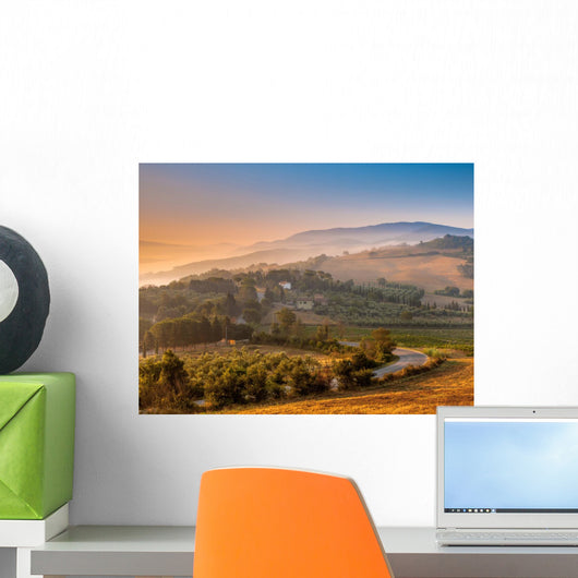 Tuscan Village during Foggy Sunrise Wall Mural