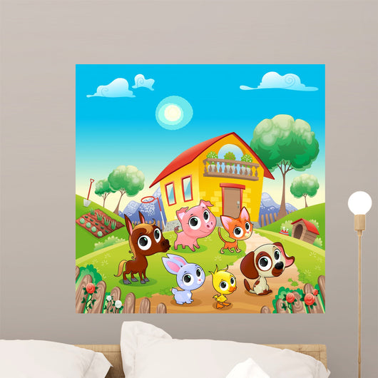 Funny farm animals in the garden Wall Mural