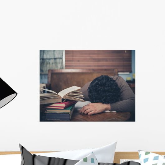 Tired Student Surrounded Books Wall Decal