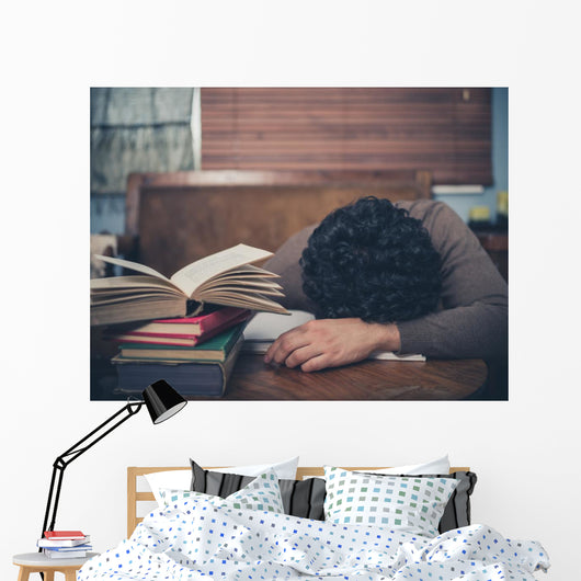 Tired Student Surrounded Books Wall Decal