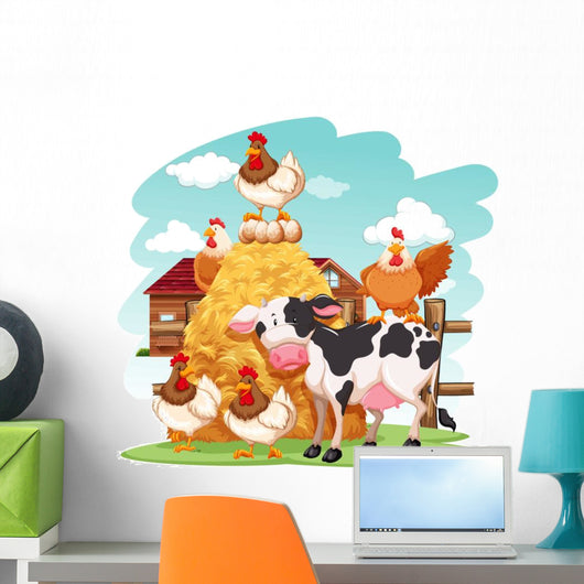 Barnyard Cow and Chickens Wall Decal