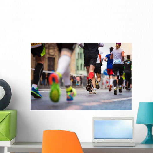 Unrecognizable Young Runners City Wall Decal Design 2