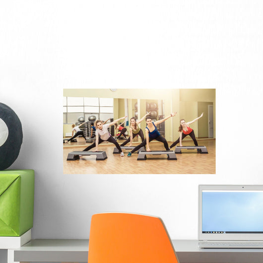 Group of women making step aerobics Wall Mural