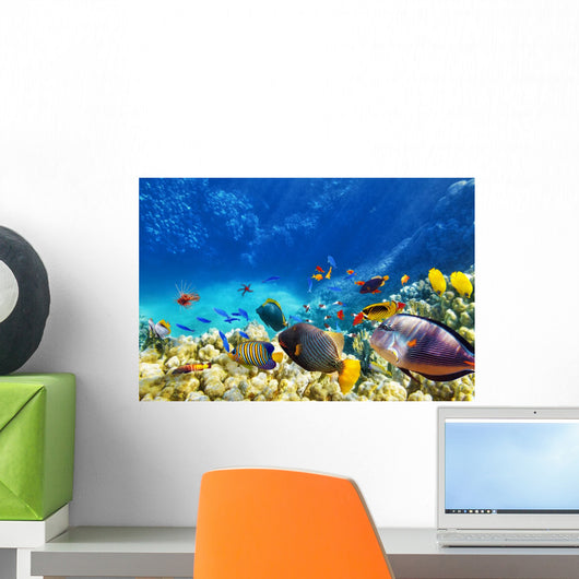 Underwater world with corals and tropical fish. Wall Mural