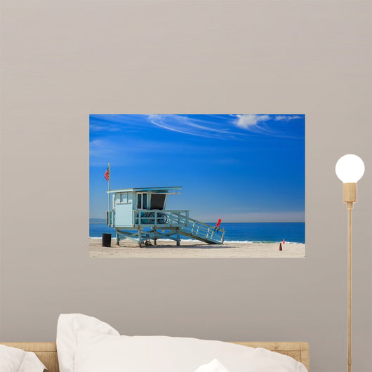 Lifeguard station with american flag on Hermosa beach Wall Mural