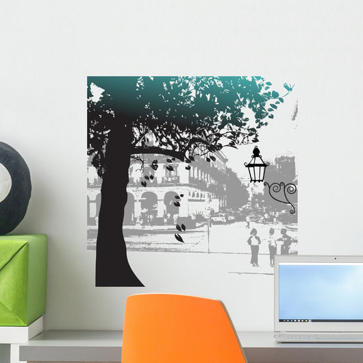 Tree Silhouette Street Scene Wall Decal