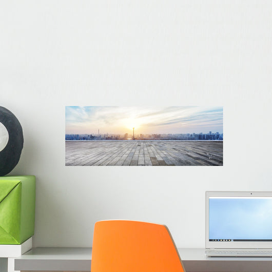 Panoramic skyline and buildings with empty wooden board Wall Mural