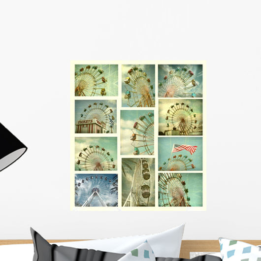 Aged and Worn Vintage Ferris Wheel Collage Wall Decal