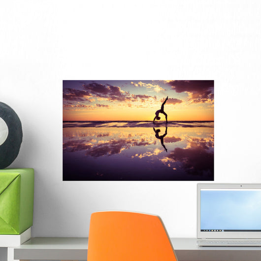 Silhouetted Woman Practicing Yoga at Sunset Wall Decal