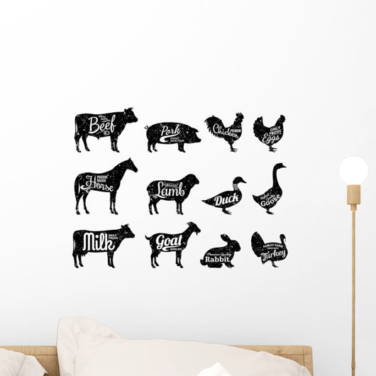Farm Animals Butchery Silhouettes Wall Decal Sticker Set