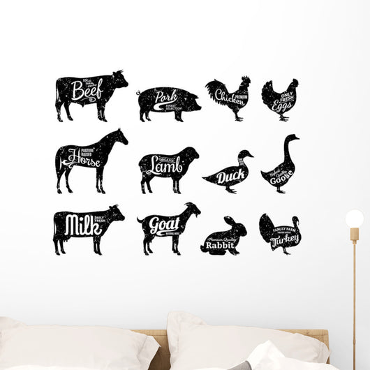 Farm Animals Butchery Silhouettes Wall Decal Sticker Set