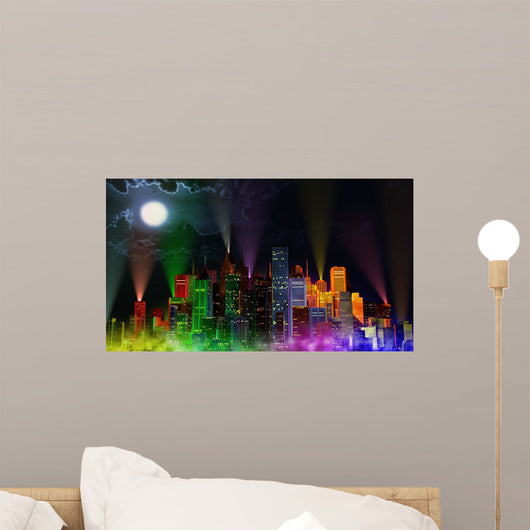 Modern City Lit by Colorful Light Effects at Night Wall Mural