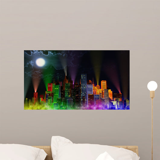 Modern City Lit by Colorful Light Effects at Night Wall Mural