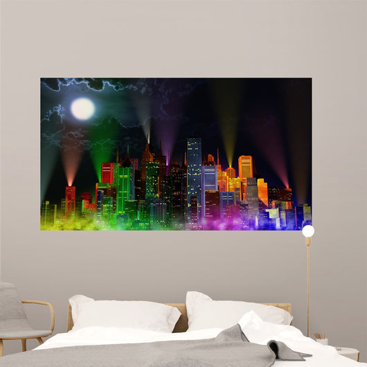 Modern City Lit by Colorful Light Effects at Night Wall Mural