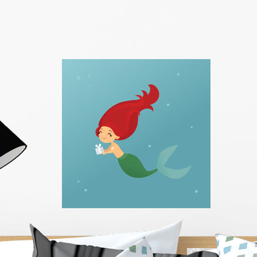 Mermaid Holding Christmas Gift Wall Decal