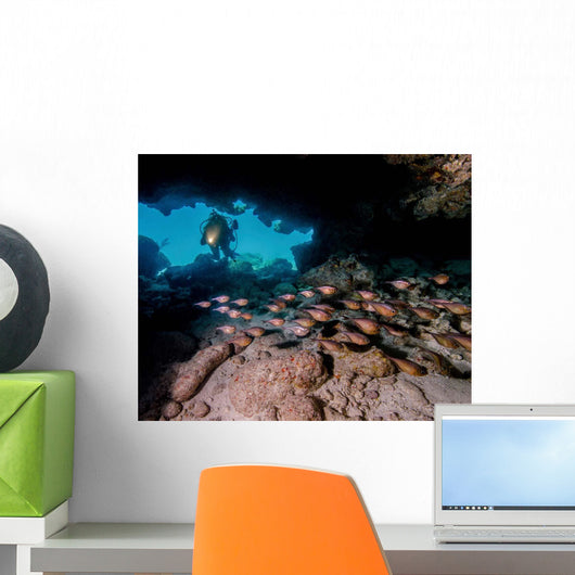 Diver Shines Light Cavern Wall Decal