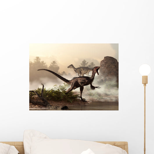 Pair Velociraptors Patrol Shore Wall Decal