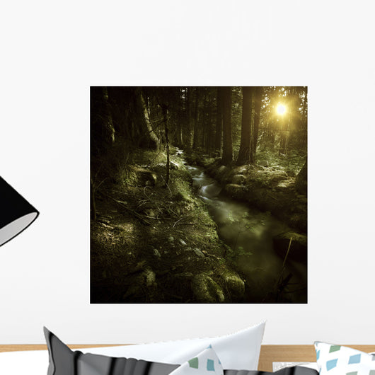 Small Stream Forest Sunset Wall Decal Design 1