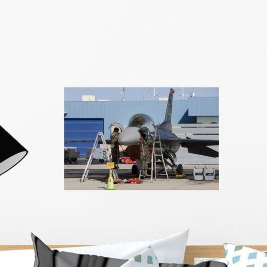Maintenance Personnel Work F-16 Wall Decal