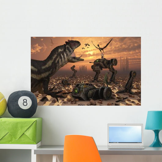 Dinosaurs and Robots Fight Wall Decal
