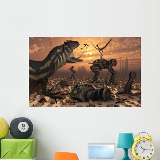 Dinosaurs and Robots Fight Wall Decal