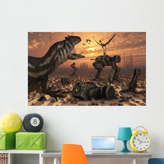 Dinosaurs and Robots Fight Wall Decal