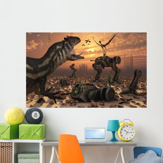 Dinosaurs and Robots Fight Wall Decal