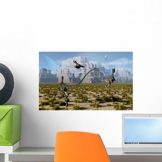 Pair Compsognathus Dinosaurs Startled Wall Decal
