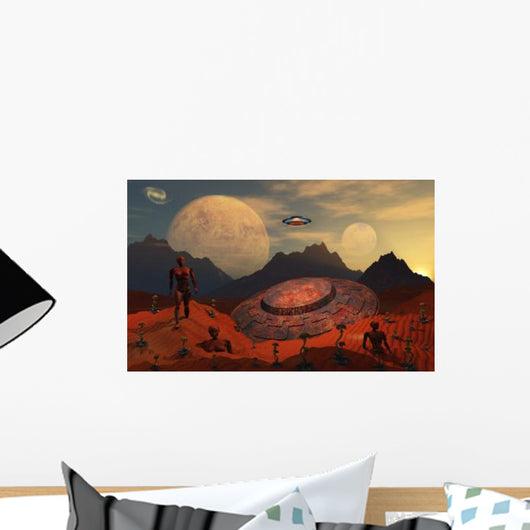 Alien Flying Saucer Comes Wall Decal