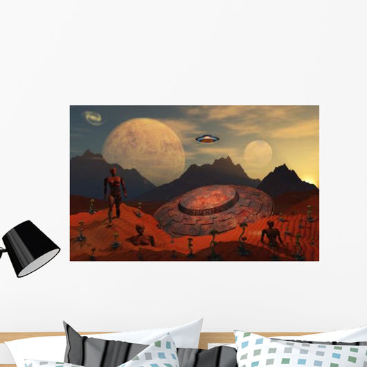 Alien Flying Saucer Comes Wall Decal