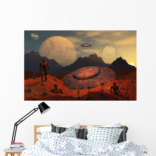 Alien Flying Saucer Comes Wall Decal