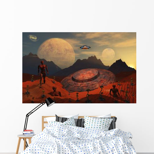 Alien Flying Saucer Comes Wall Decal