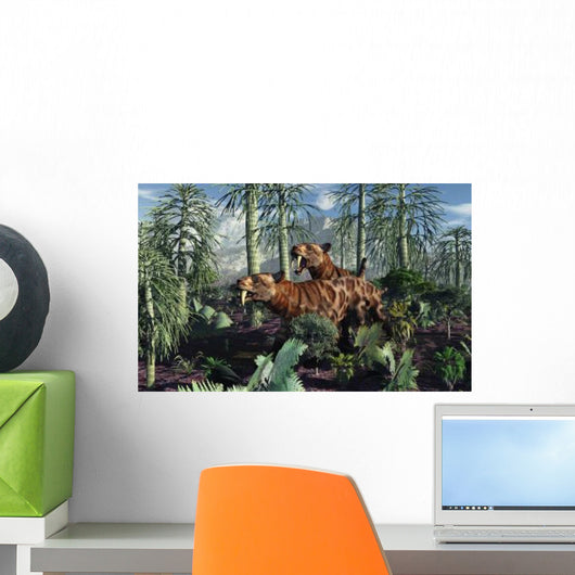 Pair Sabre-toothed Tigers Hunting Wall Decal Design 2