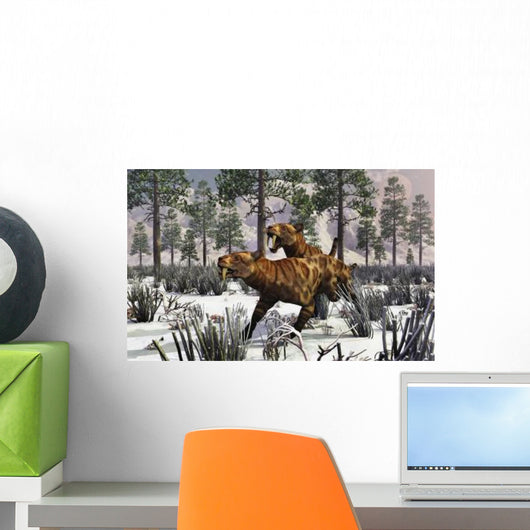 Pair Sabre-toothed Tigers Hunting Wall Decal Design 1