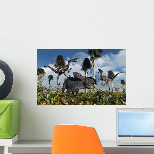 Pair Velociraptors Attack Lone Wall Decal