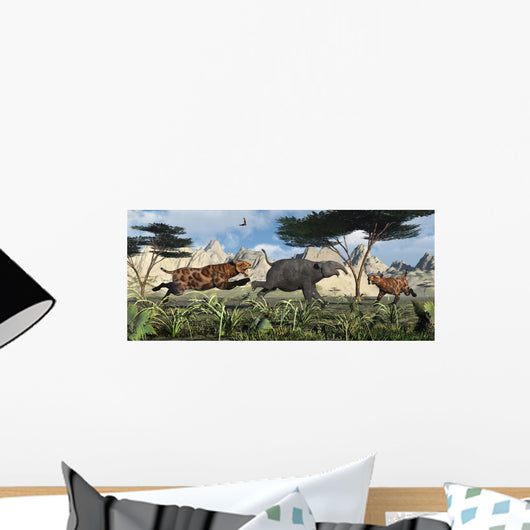 Pair Sabre-toothed Tigers Chasing Wall Decal