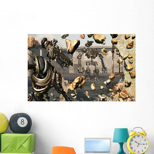 Giant Robots Demolishing Old Wall Decal