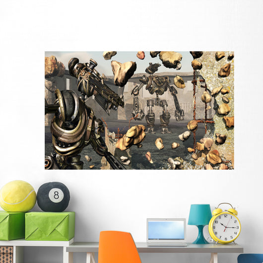 Giant Robots Demolishing Old Wall Decal