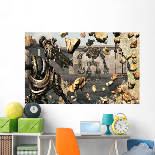 Giant Robots Demolishing Old Wall Decal