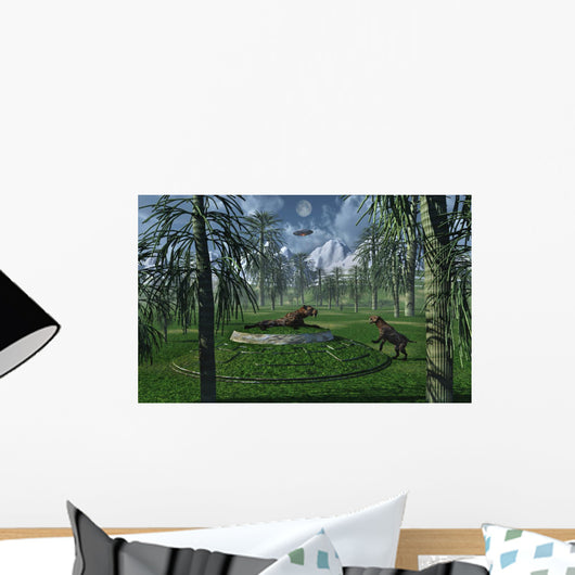 Pair Sabre-tooth Tigers and UFO Forest Wall Decal