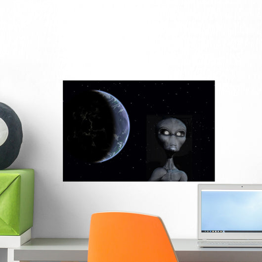 Grey Alien with Planet Wall Decal