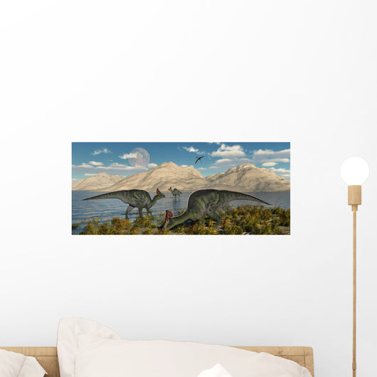 Olorotitan Duckbilled Dinosaurs Grazing Pond Wall Decal