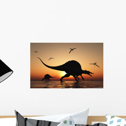 Pair Spinosaurus Hunting Silhouette Wall Decal