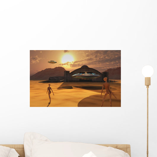 Alien Reptoids and Their Flying Saucer Evening Wall Decal